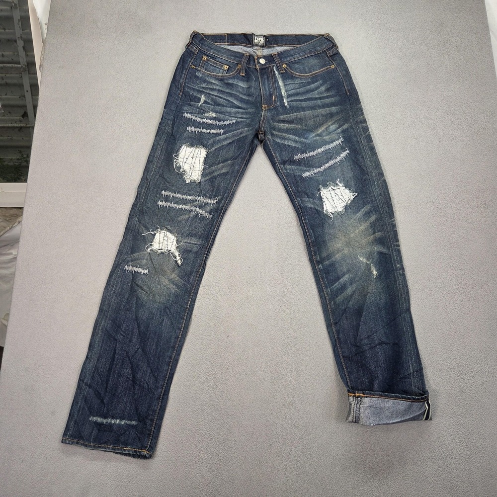 Selvedge Jeans Mens Slim Straight Thrashed Patchwork Fits 30x32